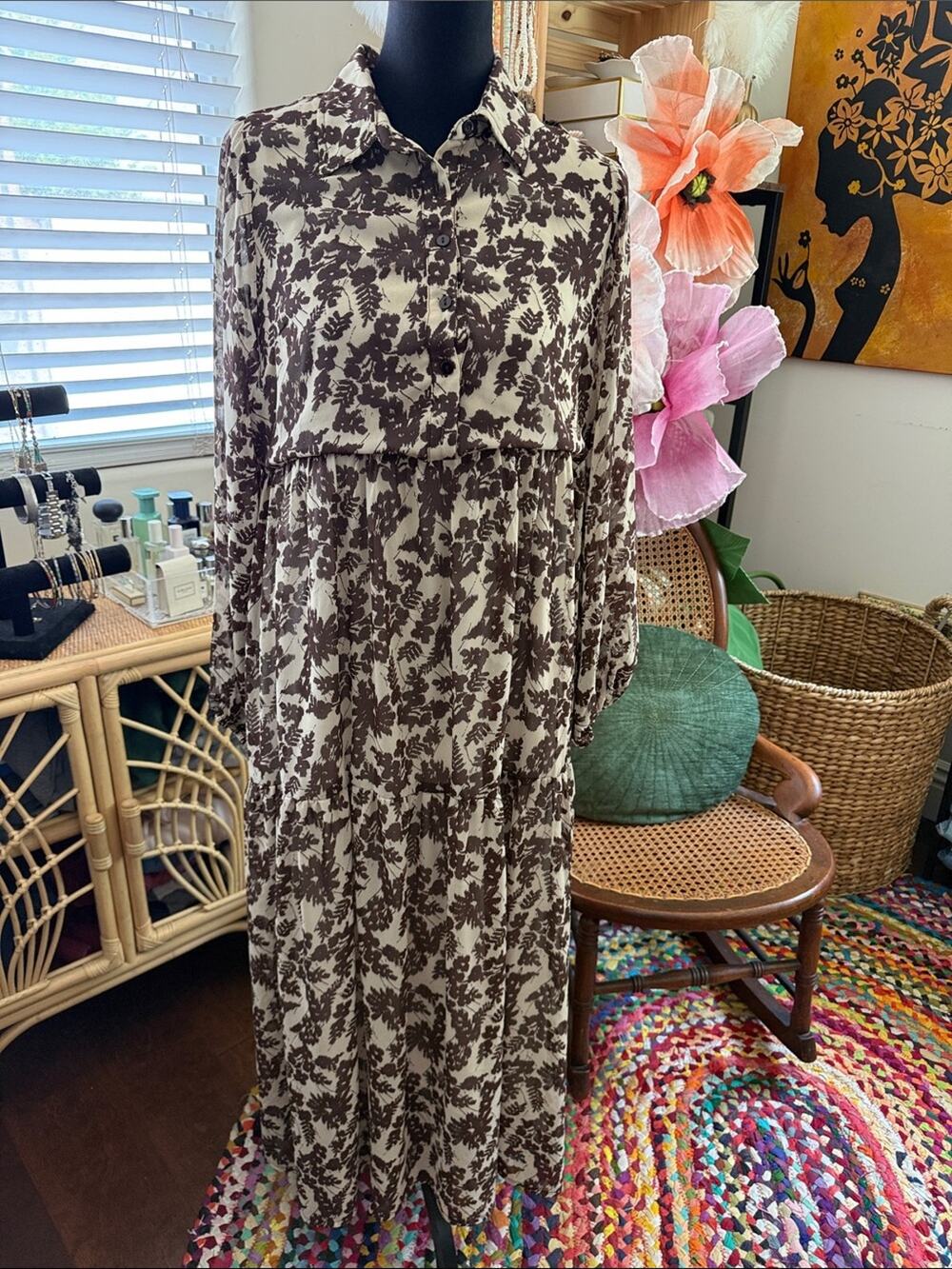 Carly Jean Earth Tone Floral Long Sleeve Empire Waist Boho Hippie Maxi Dress